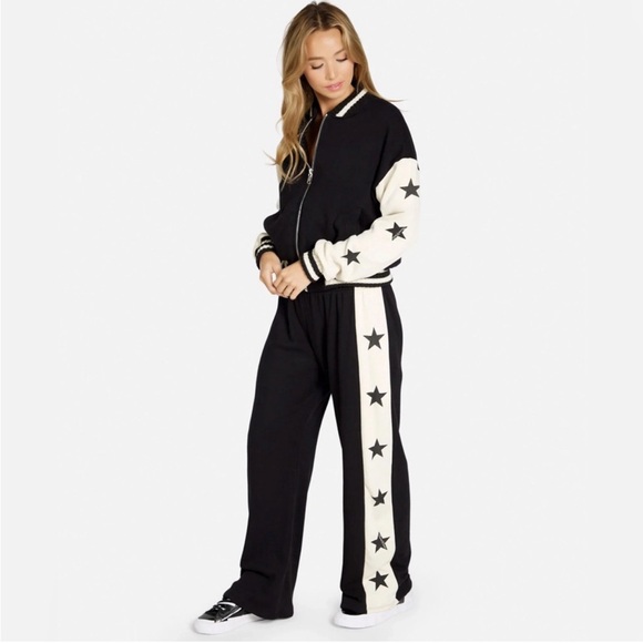 Lauren Moshi Pants - Lauren Moshi Twany Stars Track Sweat Pants Wide Leg Black Bone NWT
